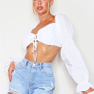 Ruched sleeve front tie crop top